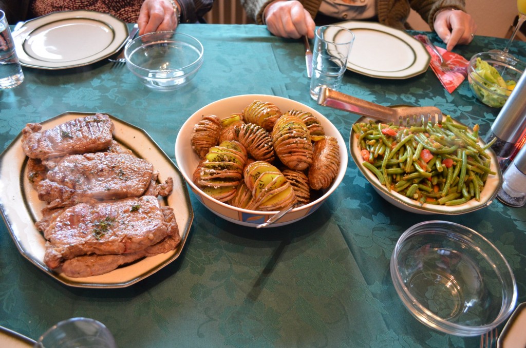 Beef steak, hasselback potatoes, green beans and wild garlic butter recipe for mother's day by ginger, lemon and spice