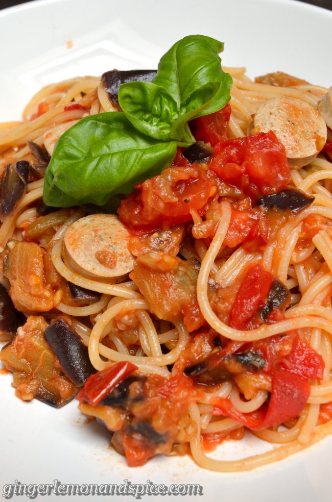 Pasta With Mushy Aubergine & Tomato Sauce  from gingerlemonandspice.com