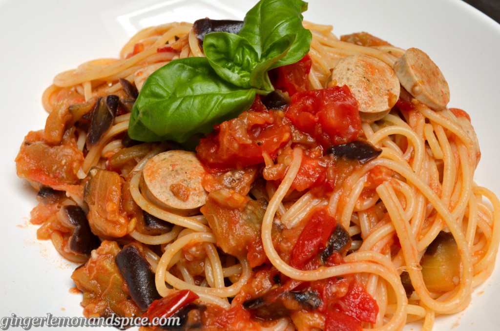 Pasta With Mushy Aubergine & Tomato Sauce  from gingerlemonandspice.com