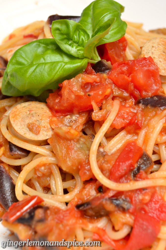 Pasta With Mushy Aubergine & Tomato Sauce  from gingerlemonandspice.com