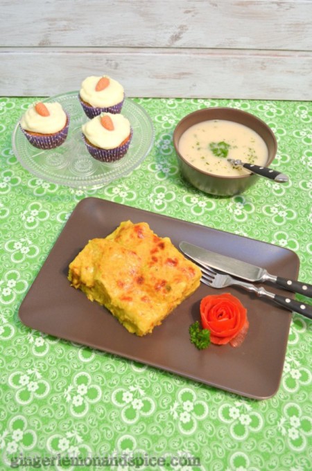 Parsnip and Lemon Soup, Pumpkin and Leek Lasagna,  Carrot Cupcakes with Mascarpone Frosting by www.gingerlemonandspice.com