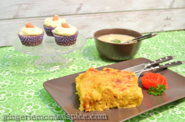 Parsnip and Lemon Soup, Pumpkin and Leek Lasagna,  Carrot Cupcakes with Mascarpone Frosting by www.gingerlemonandspice.com